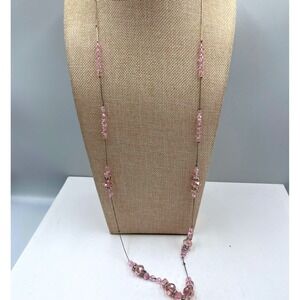 Vintage Pink Faceted Beads Necklace Long Station Chain Rhinestone Spacers Dainty